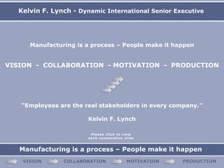 Manufacturing is a process – People make it happen “Employees are the real stakeholders in every company.” Kelvin F. Lynch VISION  -  COLLABORATION  - MOTIVATION  -  PRODUCTION Please click to view  each consecutive slide 