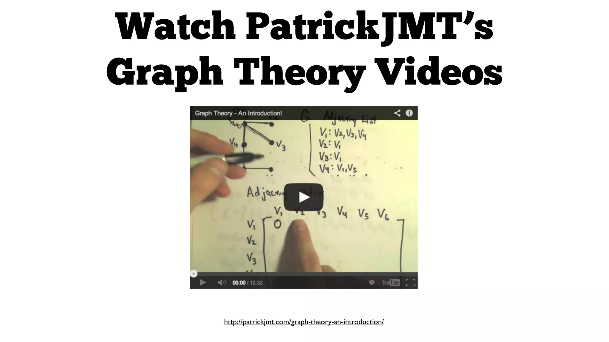 Watch PatrickJMT’s
Graph Theory Videos

http://patrickjmt.com/graph-theory-an-introduction/

 