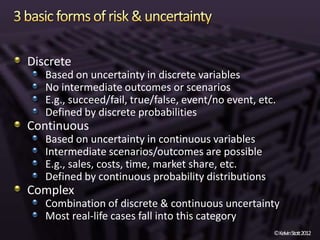 Discrete
   Based on uncertainty in discrete variables
   No intermediate outcomes or scenarios
   E.g., succeed/fail, true/false, event/no event, etc.
   Defined by discrete probabilities
Continuous
   Based on uncertainty in continuous variables
   Intermediate scenarios/outcomes are possible
   E.g., sales, costs, time, market share, etc.
   Defined by continuous probability distributions
Complex
   Combination of discrete & continuous uncertainty
   Most real-life cases fall into this category
                                                      ©KelvinStott2012
 