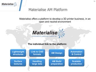 Materialise AM Platform
Materialise offers a platform to develop a 3D printer business, in an
open and neutral environment
The individual link to the platform:
Lightweight
structures
Surface
textures
Link to CAD
formats
Handling
large data
AM Design
AM Build
preparation
Automation
& Control
Scalable
production
14
 