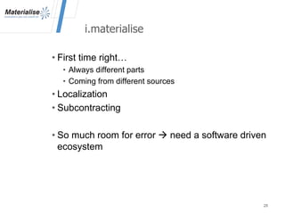 i.materialise
• First time right…
• Always different parts
• Coming from different sources
• Localization
• Subcontracting
• So much room for error  need a software driven
ecosystem
28
 