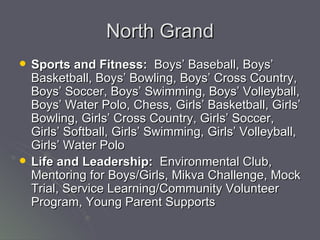 North Grand Sports and Fitness:   Boys’ Baseball, Boys’ Basketball, Boys’ Bowling, Boys’ Cross Country, Boys’ Soccer, Boys’ Swimming, Boys’ Volleyball, Boys’ Water Polo, Chess, Girls’ Basketball, Girls’ Bowling, Girls’ Cross Country, Girls’ Soccer, Girls’ Softball, Girls’ Swimming, Girls’ Volleyball, Girls’ Water Polo  Life and Leadership:   Environmental Club, Mentoring for Boys/Girls, Mikva Challenge, Mock Trial, Service Learning/Community Volunteer Program, Young Parent Supports  