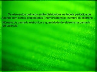 Os elementos químcos estão distribuidos na tabela periodica de
Acordo com certas propiedades ( númeroatomico, numero de eletrons
Número de camada eletronica e quantidade de eletrons na camada
de valencia