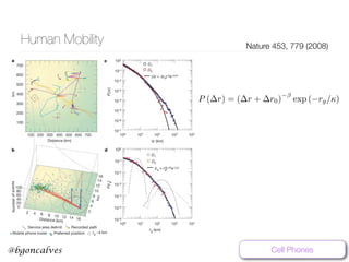 www.bgoncalves.com@bgoncalves
Human Mobility Nature 453, 779 (2008)
on should increase with time as rg(t) , t
for an RW, rg(t) , t1/2
; that is, the longer we
higher the chance that she/he will travel to areas
To check the validity of these predictions, we
dependence of the radius of gyration for users
ius would be considered small (rg(T) # 3 km),
) # 30 km) or large (rg(T) . 100 km) at the end
period (T 5 6 months). The results indicate that
is, F(x) , x for x , 1 and F(x) rapidly decreases for x ? 1.
Therefore, the travel patterns of individual users may be approxi-
mated by a Le´vy flight up to a distance characterized by rg. Most
important, however, is the fact that the individual trajectories are
bounded beyond rg; thus, large displacements, which are the source
of the distinct and anomalous nature of Le´vy flights, are statistically
absent. To understand the relationship between the different expo-
nents, we note that the measured probability distributions are related
n mobility patterns. a, Week-long trajectory of 40
ndicates that most individuals travel only over short
egularly move over hundreds of kilometres. b, The
a single user. The different phone towers are shown as
for each location is shown as a vertical bar. The circle represents the radius of
gyration centred in the trajectory’s centre of mass. c, Probability density
function P(Dr) of travel distances obtained for the two studied data sets D1
and D2. The solid line indicates a truncated power law for which the
P ( r) = ( r + r0) exp ( rg/)
Cell Phones
 