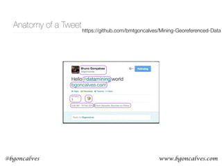 www.bgoncalves.com@bgoncalves
Anatomy of a Tweet
https://github.com/bmtgoncalves/Mining-Georeferenced-Data
 