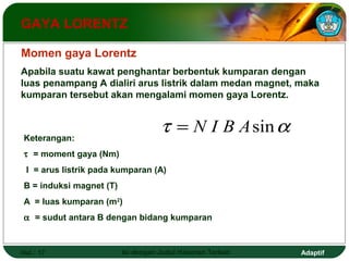 GAYA LORENTZ 
Momen gaya Lorentz 
Apabila suatu kawat penghantar berbentuk kumparan dengan 
luas penampang A dialiri arus listrik dalam medan magnet, maka 
kumparan tersebut akan mengalami momen gaya Lorentz. 
t = N I B Asina 
Keterangan: 
t = moment gaya (Nm) 
I = arus listrik pada kumparan (A) 
B = induksi magnet (T) 
A = luas kumparan (m2) 
a = sudut antara B dengan bidang kumparan 
Hal.: 17 Isi dengan Judul Halaman Terkait Adaptif 
 