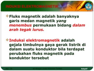 Adaptif 
INDUKSI ELEKTROMAGNETIK 
Fluks magnetik adalah banyaknya 
garis medan magnetik yang 
menembus permukaan bidang dalam 
arah tegak lurus. 
Induksi elektromagnetik adalah 
gejala timbulnya gaya gerak listrik di 
dalam suatu konduktor bila terdapat 
perubahan fluks magnetik pada 
konduktor tersebut 
Hal.: 20 Isi dengan Judul Halaman Terkait 
 