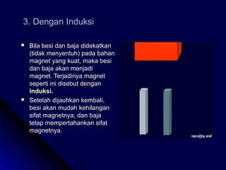 3. Dengan Induksi3. Dengan Induksi
 Bila besi dan baja didekatkanBila besi dan baja didekatkan
(tidak menyentuh) pada bahan(tidak menyentuh) pada bahan
magnet yang kuat, maka besimagnet yang kuat, maka besi
dan baja akan menjadidan baja akan menjadi
magnet. Terjadinya magnetmagnet. Terjadinya magnet
seperti ini disebut denganseperti ini disebut dengan
induksi.induksi.
 Setelah dijauhkan kembali,Setelah dijauhkan kembali,
besi akan mudah kehilanganbesi akan mudah kehilangan
sifat magnetnya, dan bajasifat magnetnya, dan baja
tetap mempertahankan sifattetap mempertahankan sifat
magnetnya.magnetnya.
 