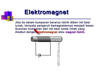 ElektromagnetElektromagnet
Jika ke dalam kumparan berarus listrik diberi inti besi
lunak, ternyata pengaruh kemagnetannya menjadi besar.
Susunan kumparan dan inti besi lunak inilah yang
disebut dengan elektromagnetelektromagnet atau magnet listrik.magnet listrik.
 