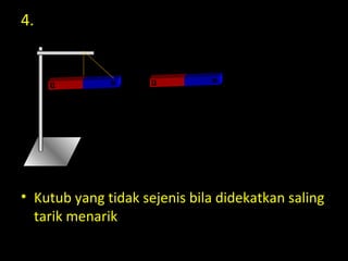 4.
• Kutub yang tidak sejenis bila didekatkan saling
tarik menarik
 