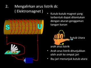 2. Mengalirkan arus listrik dc
( Elektromagnet )
• Kutub-kutub magnet yang
terbentuk dapat ditentukan
dengan aturan genggaman
tangan kanan
kutub Utara
arah arus listrik
• Arah arus listrik ditunjukkan
oleh arah ke empat jari
• Ibu jari menunjuk kutub utara
 