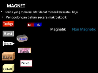 Magnetik Non Magnetik
MAGNET
• Benda yang memiliki sifat dapat menarik besi atau baja
• Penggolongan bahan secara makroskopik
 