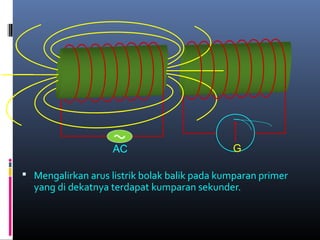 AC
 Mengalirkan arus listrik bolak balik pada kumparan primer
yang di dekatnya terdapat kumparan sekunder.
G
 