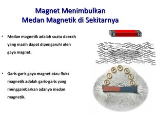Magnet MenimbulkanMagnet Menimbulkan
Medan Magnetik di SekitarnyaMedan Magnetik di Sekitarnya
• Medan magnetik adalah suatu daerah
yang masih dapat dipengaruhi oleh
gaya magnet.
• Garis-garis gaya magnet atau fluks
magnetik adalah garis-garis yang
menggambarkan adanya medan
magnetik.
 
