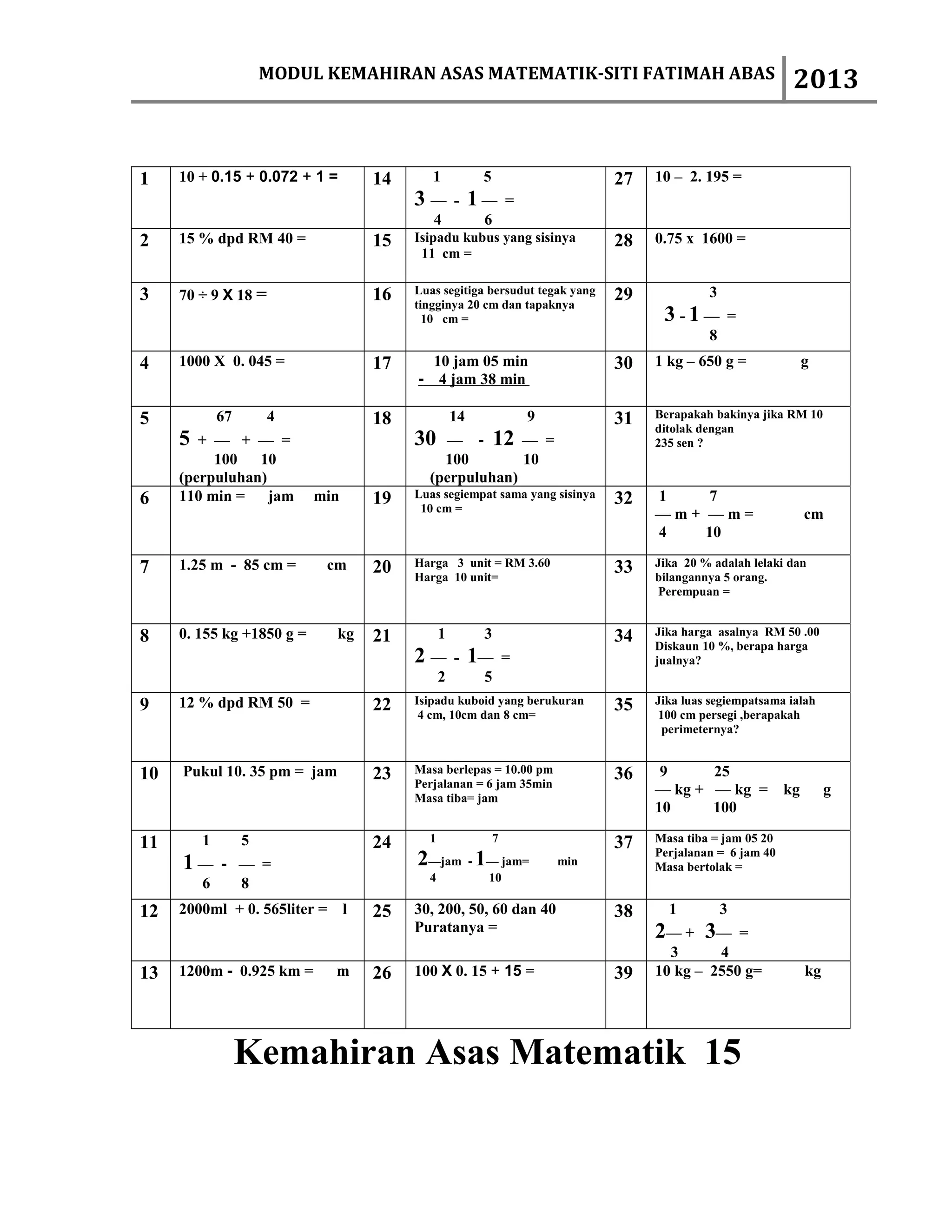 MODUL KEMAHIRAN ASAS MATEMATIK-SITI FATIMAH ABAS                                       2013


1    10 + 0.15 + 0.072 + 1 =         14      1           5                     27   10 – 2. 195 =
                                          3 — - 1—               =
                                             4           6
2    15 % dpd RM 40 =                15   Isipadu kubus yang sisinya           28   0.75 x 1600 =
                                           11 cm =


3    70 ÷ 9 X 18 =                   16   Luas segitiga bersudut tegak yang    29            3
                                          tingginya 20 cm dan tapaknya
                                            10 cm =                                  3-1—        =
                                                                                             8
4    1000 X 0. 045 =                 17     10 jam 05 min                      30   1 kg – 650 g =               g
                                          - 4 jam 38 min

5            67       4              18             14               9         31   Berapakah bakinya jika RM 10
                                                                                    ditolak dengan
     5  + — + — =                         30  — - 12 — =                            235 sen ?
          100   10                            100        10
     (perpuluhan)                           (perpuluhan)
6    110 min =    jam      min       19   Luas segiempat sama yang sisinya     32   1    7
                                           10 cm =
                                                                                    —m+ —m=                      cm
                                                                                    4   10

7    1.25 m - 85 cm =       cm       20   Harga 3 unit = RM 3.60               33   Jika 20 % adalah lelaki dan
                                          Harga 10 unit=                            bilangannya 5 orang.
                                                                                     Perempuan =


8    0. 155 kg +1850 g =      kg     21         1        3                     34   Jika harga asalnya RM 50 .00
                                                                                    Diskaun 10 %, berapa harga
                                          2 — - 1—               =                  jualnya?
                                                2        5
9    12 % dpd RM 50 =                22   Isipadu kuboid yang berukuran        35   Jika luas segiempatsama ialah
                                           4 cm, 10cm dan 8 cm=                      100 cm persegi ,berapakah
                                                                                      perimeternya?


10   Pukul 10. 35 pm = jam           23   Masa berlepas = 10.00 pm             36    9     25
                                          Perjalanan = 6 jam 35min
                                                                                    — kg + — kg =           kg        g
                                          Masa tiba= jam
                                                                                    10     100

11       1        5                  24     1                7                 37   Masa tiba = jam 05 20
                                                                                    Perjalanan = 6 jam 40
     1—      - — =                        2—jam - 1— jam=                min        Masa bertolak =
                                            4            10
         6     8
12   2000ml + 0. 565liter =      l   25   30, 200, 50, 60 dan 40               38     1          3
                                          Puratanya =                               2— + 3—     =
                                                                                      3      4
13   1200m - 0.925 km =       m      26   100 X 0. 15 + 15 =                   39   10 kg – 2550 g=              kg




                  Kemahiran Asas Matematik 15
 