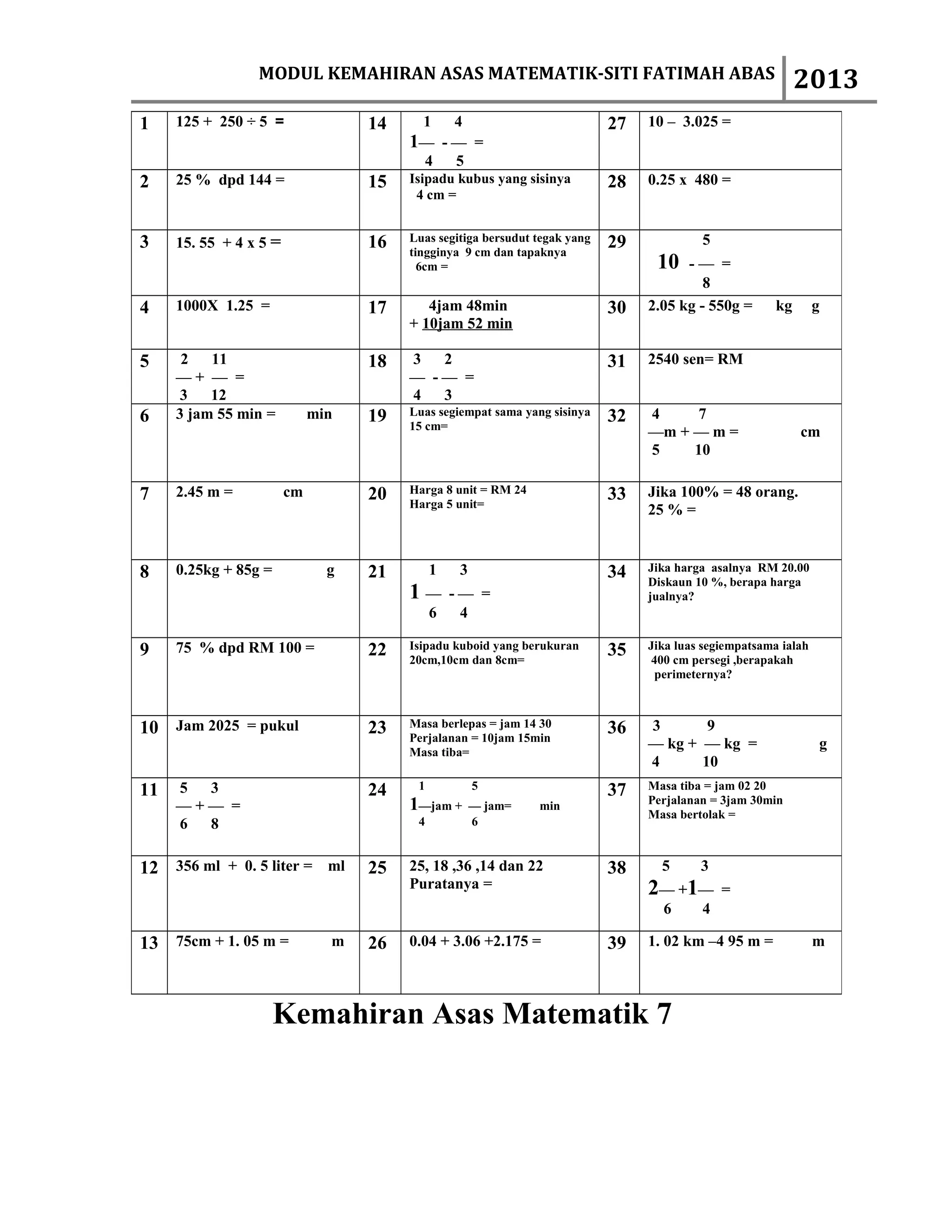 MODUL KEMAHIRAN ASAS MATEMATIK-SITI FATIMAH ABAS                                            2013
1    125 + 250 ÷ 5 =               14     1      4                          27   10 – 3.025 =
                                        1— - — =
                                          4      5
2    25 % dpd 144 =                15   Isipadu kubus yang sisinya          28   0.25 x 480 =
                                         4 cm =


3    15. 55 + 4 x 5 =              16   Luas segitiga bersudut tegak yang   29            5
                                        tingginya 9 cm dan tapaknya
                                          6cm =                                   10   -— =
                                                                                          8
4    1000X 1.25 =                  17      4jam 48min                       30   2.05 kg - 550g =       kg       g
                                        + 10jam 52 min

5     2   11                       18   3  2                                31   2540 sen= RM
     —+ — =                             — -— =
      3   12                            4  3
6    3 jam 55 min =          min   19   Luas segiempat sama yang sisinya    32   4     7
                                        15 cm=
                                                                                 —m + — m =                  cm
                                                                                 5    10

7    2.45 m =           cm         20   Harga 8 unit = RM 24                33   Jika 100% = 48 orang.
                                        Harga 5 unit=
                                                                                 25 % =



8    0.25kg + 85g =            g   21        1    3                         34   Jika harga asalnya RM 20.00
                                                                                 Diskaun 10 %, berapa harga
                                        1—       -— =                            jualnya?
                                             6    4

9    75 % dpd RM 100 =             22   Isipadu kuboid yang berukuran       35   Jika luas segiempatsama ialah
                                        20cm,10cm dan 8cm=                        400 cm persegi ,berapakah
                                                                                   perimeternya?



10 Jam 2025 = pukul                23   Masa berlepas = jam 14 30           36   3       9
                                        Perjalanan = 10jam 15min
                                                                                 — kg + — kg =                   g
                                        Masa tiba=
                                                                                 4      10
11   5 3                           24    1            5                     37   Masa tiba = jam 02 20
                                        1—jam +                                  Perjalanan = 3jam 30min
     —+— =                                            — jam=   min
                                                                                 Masa bertolak =
     6 8                                 4            6


12 356 ml + 0. 5 liter = ml        25   25, 18 ,36 ,14 dan 22               38     5      3
                                        Puratanya =                              2— +1—       =
                                                                                   6      4

13 75cm + 1. 05 m =            m   26   0.04 + 3.06 +2.175 =                39   1. 02 km –4 95 m =              m



                      Kemahiran Asas Matematik 7
 