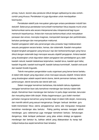 prinsip, hukum, teorem atau peraturan diikuti dengan aplikasinya ke atas contohcontoh yang khusus. Pendekatan ini juga digunakan untuk mendapatkan
kesimpulan.
Pendekatan elektif pula merupakan gabungan antara pendekatan induktif dan
deduktif. Seterusnya pendekatan komunikatif memberikan fokus kepada murid untuk
berkomunikasi sama ada secara interpersonal atau intrapersonal bagi tujuan
memenuhi keperluannya. Antara lain manusia berkomunikasi untuk menyatakan
perasaan dan emosi, mencipta imaginasi, memperoleh barangan dan perkhidmatan,
bertukar pandangan dan menyampaikan maklumat.
Kaedah pengajaran ialah satu perancangan atau prosedur bagi melaksanakan
sesuatu pengajaran secara teratur, kemas, dan sistematik. Kaedah merupakan
langkah-langkah pengajaran yang tersusun rapi dan berkesinambungan yang harus
diikuti dengan sistematik bagi mencapai sesuatu objektif pengajaran. Antara kaedah
yang dicadangkan untuk digunakan dalam pengajaran dan pembelajaran guru ialah
kaedah natural, kaedah tatabahasa terjemahan, kaedah terus, kaedah ajuk hafaz,
kaedah linguistik, kaedah kod-kognitif, kaedah bahasa kominikatif , kaedah oral-aural
dan kaedah fonetik linguistik.
Teknik merupakan pengendalian suatu organisasi yang benar-benar berlaku
di dalam bilik darjah yang digunakan untuk mencapai sesuatu objektif. Antara teknik
yang dicadangkan adalah seperti teknik drama, teknik permainan bahasa, teknik
perbincangan, teknik bercerita dan teknik latih tubi.
Dalam mengajar kemahiran berbahasa, kita terlebih dahulu digalakkan
mengajar kemahiran lisan iaitu kemahiran mendengar dan bertutur dalam bilik
darjah. Kemahiran lisan mendengar dan bertutur ini perlu diajar serentak, berurutan
dan menyaling dalam bilik darjah. Walau bagaimanapun, guru boleh memberi
perhatian mengenai kemahiran yang hendak diajar di dalam bilik darjah, merancang
dan memilih aktiviti yang sesuai mengenainya. Dengan berbuat demikian guru
boleh menentukan fokus utama pengajarannya sama ada menguasai menguasai
kemahiran mendengar atau bertutur.

Paling penting semasa mengajar aktiviti

mendengar, guru sebenarnya juga mengajar kemahiran bertutur. Sehubungan
dengannya, tidak terdapat perbezaan yang jelas antara strategi pe ngajaran
mendengar dan bertutur itu, bahkan aktiviti yang dilaksanakan itu kerap kali
meliputi kedua-dua aspek kemahiran lisan tersebut.

 