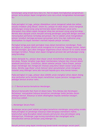 kemalangan yang terjadi baru-baru ini. Hal ini dapat meningkatkan pengetahuan
pelajar serta pelajar dapat mengetahui cara-cara untuk mengelakkan kemalangan
itu.
Pada peringkat ini juga, pelajar didedahkan untuk mengenali sebab dan akibat
sesuatu tindakan yang dibuat. Selain itu, pelajar ini akan diajar untuk mengenal
perhubungan orang-orang yang berinteraksi dalam kehidupan sosial serta
diterapkan ilmu dalam aspek mengenal sikap dan perasaan orang yang bercakap.
Mereka akan dipupuk untuk menjadi seorang pendengar yang baik dengan sentiasa
menumpukan perhatian terhadap penyampai. Hal ini adalah untuk mengelakkan
pelajar tersebut menjaga perasaan penyampai serta ilmu dan maklumat yang
disampaikan itu dapat memberi manfaat kepada pelajar terbabit.
Peringkat ketiga pula ialah peringkat maju dalam kemahiran mendengar. Pada
peringkat ini, pelajar dilatih untuk mengenal isi-isi penting. Sebagai contoh, dalam
sebuah karangan, guru akan mengajar bagaimana untuk mencari isi-isi utama dalam
karangan tersebut. Pelajar akan dapat mengenal peranan dan perhubungan orang
yang bercakap.
Selain daripada itu, pelajar akan diajar untuk mentafsirkan maksud orang yang
bercakap. Pelajar tersebut juga dapat membezakan tekanan dan intonasi dalam
sesebuah pertuturan. Contohnya, dalam sukatan pelajar Tahun Empat, pelajar
diajar mendengar dan mengecam intonasi yang betul dalam soalan tanpa kata
tanya. Mereka juga diajar untuk mencari jalan penyelesaian untuk mengatasi
masalah yang didengar sama ada merujuk kepada guru atau kawan-kawan.
Pada peringkat ini juga, pelajar akan dididik untuk mengikut aliran dalam dialog
atau perbualan serta mereka dapat menafsirkan tujuan penutur menggunakan
pelbagai bentuk struktur nahu.
2.1.7 Bentuk-bentuk Kemahiran Mendengar.
Menurut Kamarudin Haji Husin di dalam buku „Ilmu Bahasa dan Kecekapan
Berbahasa‟ menyatakan bahawa kemahiran mendengar boleh berlaku dalam
pelbagai bentuk. Biasanya ia boleh dibahagikan kepada sembilan kategori.
Antaranya adalah :
i. Mendengar Secara Pasif.
Mendengar secara pasif adalah peringkat kemahiran mendengar yang paling rendah.
Pada peringkat ini pendengar biasanya tidak berupaya memahami makna
keseluruhan yang diucapkan dalam sesuatu pertuturan atau percakapan yang
didengarinya. Pendengar juga kurang memahami dan mengingati serta
menyebutkan semula perkataan yang didengar itu.
Banyak perkara yang dapat mendorong kanak-kanak mendengar secara pasif.

 