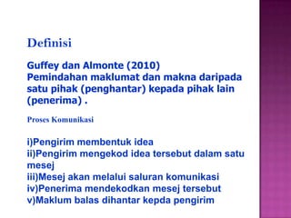 Definisi
Guffey dan Almonte (2010)
Pemindahan maklumat dan makna daripada
satu pihak (penghantar) kepada pihak lain
(penerima) .
Proses Komunikasi

i)Pengirim membentuk idea
ii)Pengirim mengekod idea tersebut dalam satu
mesej
iii)Mesej akan melalui saluran komunikasi
iv)Penerima mendekodkan mesej tersebut
v)Maklum balas dihantar kepda pengirim
 