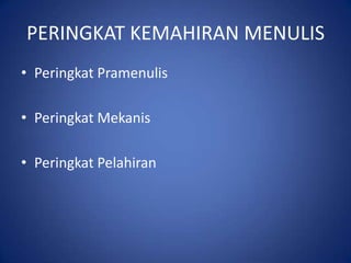 PERINGKAT KEMAHIRAN MENULIS
• Peringkat Pramenulis

• Peringkat Mekanis

• Peringkat Pelahiran
 