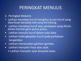PERINGKAT MENULIS
2. Peringkat Mekanis
• Latihan menekap huruf mengikut acuan huruf yang
   diperbuat daripada kad yang berlubang.
• Latihan menekap huruf atau perkataan yang ditulis
   dalam bentuk garis putus-putus.
• Latihan menulis huruf dalam suku kata.
• Latihan melengkapkan huruf pada perkataan
    bergambar.
• Latihan menamakan gambar-gambar.
• Latihan menyalin frasa atau ayat.
   • Latihan menyalin ayat daripada buku
 