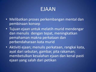 EJAAN
• Melibatkan proses perkembangan mental dan
  pembinaan konsep
• Tujuan ejaan untuk melatih murid mendengar
  dan menulis dengan tepat, meningkatkan
  pemahaman makna perkataan dan
  perbendaharaan kata murid
• Aktiviti ejaan; menulis perkataan, rangkai kata,
  ayat dari sebutan, gambar, pita rakaman;
  membetulkan kesalahan ejaan dan kenal pasti
  ejaan yang salah dari petikan
 
