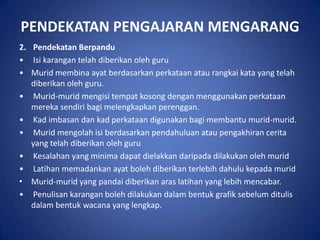 PENDEKATAN PENGAJARAN MENGARANG
2. Pendekatan Berpandu
• Isi karangan telah diberikan oleh guru
• Murid membina ayat berdasarkan perkataan atau rangkai kata yang telah
   diberikan oleh guru.
• Murid-murid mengisi tempat kosong dengan menggunakan perkataan
   mereka sendiri bagi melengkapkan perenggan.
• Kad imbasan dan kad perkataan digunakan bagi membantu murid-murid.
• Murid mengolah isi berdasarkan pendahuluan atau pengakhiran cerita
   yang telah diberikan oleh guru
• Kesalahan yang minima dapat dielakkan daripada dilakukan oleh murid
• Latihan memadankan ayat boleh diberikan terlebih dahulu kepada murid
• Murid-murid yang pandai diberikan aras latihan yang lebih mencabar.
• Penulisan karangan boleh dilakukan dalam bentuk grafik sebelum ditulis
   dalam bentuk wacana yang lengkap.
 