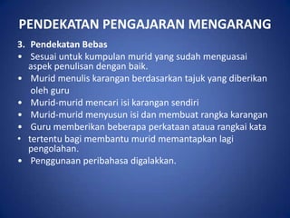 PENDEKATAN PENGAJARAN MENGARANG
3. Pendekatan Bebas
• Sesuai untuk kumpulan murid yang sudah menguasai
   aspek penulisan dengan baik.
• Murid menulis karangan berdasarkan tajuk yang diberikan
   oleh guru
• Murid-murid mencari isi karangan sendiri
• Murid-murid menyusun isi dan membuat rangka karangan
• Guru memberikan beberapa perkataan ataua rangkai kata
• tertentu bagi membantu murid memantapkan lagi
   pengolahan.
• Penggunaan peribahasa digalakkan.
 