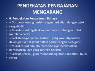 PENDEKATAN PENGAJARAN
              MENGARANG
•   6. Pendekatan Pengalaman Bahasa
•   • Guru meransang perbincangan berkaitan dengan tajuk
•   yang dipilih
•   • Murid-murid digalakkan memberi sumbangan untuk
•   membina cerita
•   • Perkataan-perkataan tertentu yang akan digunakan
•   dalam petikan disebut dalam perbincangan oleh guru
•   • Murid-murid diminta membina ayat berdasarkan
•   berdasarkan idea yang mereka berikan
•   • Setelah selesai, guru membimbing murid memberi tajuk
•   cerita
 
