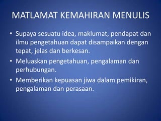 MATLAMAT KEMAHIRAN MENULIS
• Supaya sesuatu idea, maklumat, pendapat dan
  ilmu pengetahuan dapat disampaikan dengan
  tepat, jelas dan berkesan.
• Meluaskan pengetahuan, pengalaman dan
  perhubungan.
• Memberikan kepuasan jiwa dalam pemikiran,
  pengalaman dan perasaan.
 