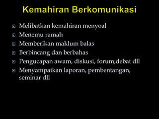  Melibatkan kemahiran menyoal
 Menemu ramah
 Memberikan maklum balas
 Berbincang dan berbahas
 Pengucapan awam, diskusi, forum,debat dll
 Menyampaikan laporan, pembentangan,
seminar dll
 