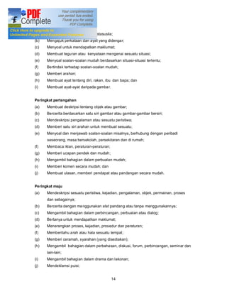 Peringkat awal
(a)   Melafazkan pengucapan bert atasusila;
(b)   Mengajuk perkataan dan ayat yang didengar;
(c)   Menyoal untuk mendapatkan maklumat;
(d)   Membuat teguran atau kenyataan mengenai sesuatu situasi;
(e)   Menyoal soalan-soalan mudah berdasarkan situasi-situasi tertentu;
(f)   Bertindak terhadap soalan-soalan mudah;
(g)   Memberi arahan;
(h)   Membuat ayat tentang diri, rakan, ibu dan bapa; dan
(i)   Membuat ayat-ayat daripada gamba r.


Peringkat pertengahan
(a)   Membuat deskripsi tentang objek atau gambar;
(b)   Bercerita berdasarkan satu siri gambar atau gambar-gambar bersiri;
(c)   Mendeskripsi pengalaman atau sesuatu peristiwa;
(d)   Memberi satu siri arahan untuk membuat sesuatu;
(e)   Menyoal dan menjawab soalan-soalan misalnya, berhubung dengan peribadi
      seseorang, masa bersekolah, persekitaran dan di rumah;
(f)   Membaca iklan, peraturan-peraturan;
(g)   Memberi ucapan pendek dan mudah;
(h)   Mengambil bahagian dalam perbualan mudah;
(i)   Memberi komen secara mudah; dan
(j)   Membuat ulasan, memberi pendapat atau pandangan secara mudah.


Peringkat maju
(a)   Mendeskripsi sesuatu peristiwa, kejadian, pengalaman, objek, permainan, proses
      dan sebagainya;
(b)   Bercerita dengan me nggunakan alat pandang atau tanpa menggunakannya;
(c)   Mengambil bahagian dalam perbincangan, perbualan atau dialog;
(d)   Bertanya untuk mendapatkan maklumat;
(e)   Menerangkan proses, kejadian, prosedur dan peraturan;
(f)   Memberitahu arah atau hala sesuatu tempat;
(g)   Memberi ceramah, syarahan (yang disediakan);
(h)   Mengambil bahagian dalam perbahasan, diskusi, forum, perbincangan, seminar dan
      lain-lain;
(i)   Mengambil bahagian dalam drama dan lakonan;
(j)   Mendeklamsi puisi;


                                            14
 