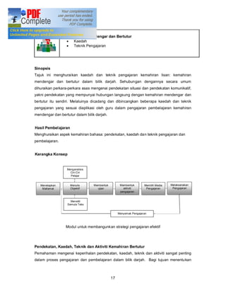 Tajuk 3
                  Kemahiran Mendengar dan Bertutur
                  · Kaedah
                  · Teknik Pengajaran




Sinopsis
Tajuk ini menghuraikan kaedah dan teknik pengajaran kemahiran lisan: kemahiran
mendengar dan bertutur dalam bilik darjah. Sehubungan dengannya secara umum
dihuraikan perkara-perkara asas mengenai pendekatan situasi dan pendekatan komunikatif,
yakni pendekatan yang mempunyai hubungan langsung dengan kemahiran mendengar dan
bertutur itu sendiri. Melaluinya dicadang dan dibincangkan beberapa kaedah dan teknik
pengajaran yang sesuai diaplikasi oleh guru dalam pengajaran pembelajaran kemahiran
mendengar dan bertutur dalam bilik darjah.


Hasil Pembelajaran
Menghuraikan aspek kemahiran bahasa: pendekatan, kaedah dan teknik pengajaran dan
pembelajaran.


Kerangka Konsep


                  Menganalisis
                    Ciri-Ciri
                    Pelajar


   Menetapkan        Menulis      Membentuk         Membentuk       Memilih Media   Melaksanakan
    Matlamat         Objektif       ujian             aktiviti       Pengajaran      Pengajaran
                                                    pengajaran


                     Meneliti
                   Semula Teks


                                                   Menyemak Pengajaran



                  Modul untuk membangunkan strategi pengajaran efektif




Pendekatan, Kaedah, Teknik dan Aktiviti Kemahiran Bertutur
Pemahaman mengenai keperihalan pendekatan, kaedah, teknik dan aktiviti sangat penting
dalam proses pengajaran dan pembelajaran dalam bilik darjah. Bagi tujuan menentukan



                                              17
 