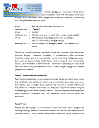Pendekatan situasi mengutamakan ketepatan penggunaan unsur-unsur bahasa dalam
pertuturan. Dengan itu, aktiviti bertutur merupakan aktiviti latih tubi supaya murid dapat
menyebut bunyi dan struktur bahasa dengan betul. Contohnya, menyebut sesuatu dialog
atau karangan lisan sebagaimana berikut.


Wanita            :   Pak cik, bil air boleh bayar di kaunter ini ke?
Kakitangan pos    :    Pak cik ?
Wanita            :   (terdiam)
Kakitangan pos    :   Cik adik...umur saya ni baru 35 tahun, kenapa panggil pak cik?
Wanita            :   Maafkan saya. Tetapi bapa saudara saya yang bongsu
                      baru berumur 30 tahun. Dia pak cik saya.
Kakitangan pos    :   Lain kali panggil saya abang atau encik. Saya berkahwin pun
                      belum.


Sebenarnya, terdapat persamaan pendekatan situasi dan komunikatif dalam pengajaran
kemahiran bertutur.    Kedua-dua pendekatan ini menggambarkan dalam pengajaran
kemahiran bertutur, guru perlu memberi latihan kepada murid-murid menggunakan unsur-
bunyi bunyi dan struktur bahasa terlebih dahulu sebelum menyuruh murid melaksanakan
sesuatu aktiviti melibatkan kemahiran bertutur. Tanpa latihan daripada guru, murid-murid
tidak akan dapat menguasai kemahiran bahasa: bertutur dengan menggunakan bahasa
yang tepat dan berkesan.


Kaedah Pengajaran Kemahiran Bertutur

Telah dimaklumkan bahawa kemahiran lisan (mendengar dan bertutur) dapat diajar melalui
dua pendekatan, iaitu pendekatan situasi yang mementingkan penyebutan unsur-unsur
bunyi bahasa atau kecekapan bahasa (tatabahasa); manakala pendekatan komunikatif
mengutamakan kecekapan komunikatif, iaitu ketepatan penggunaan bahasa mengikut
konteks penggunaannya dalam interaksi pertuturan. Berikut merupakan kaedah pengajaran
yang dicadangkan berdasarkan sama ada pendekatan situasi mahupun pendekatan
komunikatif.



Kaedah Terus

Kaedah terus beranggapan bahawa murid-murid dapat mempelajari bahasa dengan cara
mendengar pelbagai perbualan dalam bahasa sasaran dan kemudian melibatkan diri dalam
perbualan tersebut.   Hal ini berlaku sebagaimana kanak-kanak belajar bahasa ibunda



                                             21
 