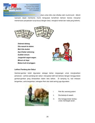 Nyanyian

Seni kata lagu digunakan sebagai bahan untuk ditiru dan dihafaz oleh murid-murid. Aktiviti
nyanyian dapat membantu murid menguasai kemahiran bertutur kerana menyanyi
memerlukan penyebutan bunyi-bunyi dengan betul, mengikut rentak dan nada yang tertentu.




    Selamat datang.
    Sila masuk ke dalam.
    Mari kita duduk.
    Apa khabar sekarang.
    Sudilah minum.
    Janganlah segan-segan.
    Minum air kopi.
    Makan kuih di pinggan.


Latihan Pandang dan Sebut

Gambar-gambar boleh digunakan sebagai bahan rangsangan untuk menghasilkan
pertuturan. Latihan pandang dan sebut merupakan latih tubi bertutur dengan menggunakan
gambar-gambar yang dimasukkan dalam teks latihan.          Di samping itu, kad imbasan
bergambar, carta bergambar, bahagian filem dan slaid sering juga digunakan.




                                                    i.     Pak Abu seorang petani.

                                                    ii.    Dia bekerja di sawah.

                                                    iii.   Dia mengguna kan kerbau
                                                           untuk membajak tanah.




                                           28
 