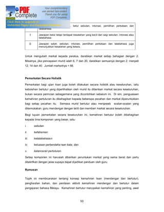 Nilai Markat (cadangan)

       2      Bagi jawapan yang tepat, betul sebutan, intonasi, pemilihan perkataan dan
              tatabahasa.

       1      Jawapan betul tetapi terdapat kesalahan yang kecil dari segi sebutan, intonasi atau
              tatabahasa.

       0      Jawapan salah, sebutan, intonasi, pemilihan perkataan dan tatabahasa juga
              menunjukkan kesalahan yang ketara.


Untuk mengubah markat kepada peratus, darabkan markat setiap bahagian dengan 2.
Misalnya, jika pencapaian murid ialah 6, 7 dan 20, darabkan semuanya dengan 2; menjadi
12, 14 dan 40. Jumlah markatnya = 66.



Pemarkatan Secara Holistik

Pemarkatan bagi ujian lisan juga boleh dilakukan secara holistik atau keseluruhan, iaitu
kebolehan bertutur yang diperlihatkan oleh murid itu diberikan markat secara keseluruhan,
bukan secara perincian sebagaimana yang dicontohkan sebelum ini. Di sini, penguasaan
kemahiran pertuturan itu dibahagikan kepada beberapa pecahan dan markat diperuntukkan
bagi setiap pecahan itu.        Semasa murid bertutur atau menjawab            soalan-soalan yang
dikemukakan, guru mendengar dengan teliti dan memberi markat secara keseluruhan.

Bagi tujuan pemarkatan secara keseluruhan ini, kemahiran bertutur boleh dibahagikan
kepada lima komponen yang besar, iaitu:

i.         sebutan

ii.        kefahaman

iii.       ketatabahasa n

iv.        keluasan perbendaha raan kata, dan

v.         kelancaran pertuturan.

Setiap komponen ini haruslah diberikan peruntukan markat yang sama berat dan perlu
ditakrifkan dengan jelas supaya dapat dijadikan panduan oleh guru.

Rumusan


Topik ini membicarakan tentang konsep kemahiran lisan (mendengar dan bertutur),
penghasilan bahan, dan penilaian aktiviti kemahiran mendengar dan bertutur dalam
pengajaran bahasa Melayu. Kemahiran bertutur merupakan kemahiran yang penting, awal



                                                  50
 