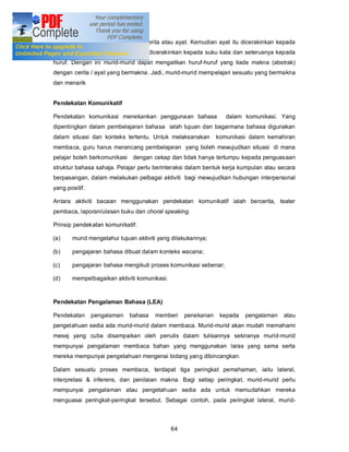 pendekatan ini dimulakan dengan cerita atau ayat. Kemudian ayat itu dicerakinkan kepada
perkataan, dan daripada perkataan dicerakinkan kepada suku kata dan seterusnya kepada
huruf. Dengan ini murid-murid dapat mengaitkan huruf-huruf yang tiada makna (abstrak)
dengan cerita / ayat yang bermakna . Jadi, murid-murid mempelajari sesuatu yang bermakna
dan menarik


Pendekatan Komunikatif

Pendekatan komunikasi menekankan penggunaan bahasa               dalam komunikasi. Yang
dipentingkan dalam pembelajaran bahasa ialah tujuan dan bagaimana bahasa digunakan
dalam situasi dan konteks tertentu. Untuk melaksanakan        komunikasi dalam kemahiran
membaca, guru harus merancang pembelajaran yang boleh mewujudkan situasi di mana
pelajar boleh berkomunikasi dengan cekap dan tidak hanya tertumpu kepada penguasaan
struktur bahasa sahaja. Pelajar perlu berinteraksi dalam bentuk kerja kumpulan atau secara
berpasangan, dalam melakukan pelbagai aktiviti bagi mewujudkan hubungan interpersonal
yang positif.

Antara aktiviti bacaan menggunakan pendekatan komunikatif ialah bercerita, teater
pembaca, laporan/ulasan buku dan choral speaking.

Prinsip pendekatan komunikatif:

(a)    murid mengetahui tujuan aktiviti yang dilakukannya;

(b)    pengajaran bahasa dibuat dalam konteks wacana;

(c)    pengajaran bahasa mengikuti proses komunikasi sebenar;

(d)    mempelbagaikan aktiviti komunikasi.


Pendekatan Pengalaman Bahasa (LEA)

Pendekatan      pengalaman   bahasa   memberi     penekanan    kepada   pengalaman   atau
pengetahuan sedia ada murid-murid dalam membaca. Murid-murid akan mudah memahami
mesej yang cuba disampaikan oleh penulis dalam tulisannya sekiranya murid-murid
mempunyai pengalaman membaca bahan yang menggunakan laras yang sama serta
mereka mempunyai pengetahuan mengenai bidang yang dibincangkan.

Dalam sesuatu proses membaca, terdapat tiga peringkat pemahaman, iaitu lateral,
interpretasi & inferens, dan penilaian makna. Bagi setiap peringkat, murid-murid perlu
mempunyai pengalaman atau pengetahuan sedia ada untuk memudahkan mereka
menguasai peringkat-peringkat tersebut. Sebagai contoh, pada peringkat lateral, murid-



                                             64
 