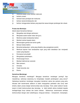 (d)    memberi penerangan dan al asan;
(e)    menunjuk arah;
(f)    membina soalan untuk mencari maklumat;
(g)    bertemu ramah;
(h)    bertukar-tukar pendapat dan maklumat;
(i)    bertutur secara bertatasusila; dan
(j)    bertutur menggunakan bahasa yang tepat dan sesuai dengan pendengar dan situasi.



Proses dan Bentukya:
Aktiviti dalam Kemahiran Bertutur:
(a)    Mengaitkan aksi dengan pertuturan;
(b)    Menjawab soalan-soalan rakan dan guru;
(c)    Membina soalan berdasarkan bahan;
(d)    Memberi arahan kepada rakan;
(e)    Menerangkan gambar dan ba han grafik;
(f)    Berbual melalui telefon;
(g)    Bercerita berdasarkan cerita yang diketahui atau pengalaman sendiri;
(h)    Membuat laporan lisan berdasarkan tajuk yang telah disediakan dan menjawab
       soalan yang diajukan;
(i)    Permainan komunikatif;
(j)    Mengadakan perbahasan;
(k)    Perbincangan forum;
(l)    Memberi taklimat dan ceramah;
(m)    Main peranan;
(n)    Simulasi;
(o)    Teater bercerita; dan
(p)    Drama

Kemahiran Mendengar
Mengapa    kemahiran    mendengar?     Mengapa kemahiran     mendengar        penting?   Apa
masalahnya, sekiranya seseorang itu menghadapi masalah pendengaran yang serius?
Hakikatnya kemahiran mendengar merupakan kemahiran utama dan pertama yang perlu
dikuasai oleh kanak-kanak sebelum ia boleh mengujarkan perkataan atau bunyi awal
tertentu dalam proses belajar berkomunikasi atau bercakap. Tentu sekali sebelum kanak-
kanak ini boleh berkomunikasi atau bercakap, ia telah terlebih dahulu terdedah kepada
berbagai-bagai bunyi bahasa dan bukan bahasa.        Sebenarnya, kanak-kanak sentiasa
berkomunikasi dengan alam sekelilingnya, mengusai bahasa       memperoleh, mempelajari,


                                            7
 