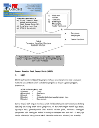 Kerangka konsep

                                           (a)   Lingkaran
     TEKNIK PENGAJARAN
                                                 Soalan,
     KEMAHIRAN MEMBACA
     (a) Survey, Question, Read,           (b)   Tatacerita
         Review, Recite(SQ3R);             (c)   Bimbingan
         Read, Review,Recite (3R);               Menjangka,
     (b) Know,What,Lea rn,How,                   Teater Pembaca
     (c) (KWLH); dan lain-lain


                                                                 ·      Bimbingan
                                                                        Menjangka,

                                                                 ·      Teater Pembaca
                            Teknik
                Pengajaran Kemahiran Membaca
                      BAHASA MELAYU




      Aplikasi Teknik Pengajaran Kemahiran Membaca SQ3R,
     KWLH , Lingkaran Soalan,Tatacerita , Bimbingan Menjangka
                       dan Teater Pembaca




Survey, Question, Read, Review, Recite (SQ3R)

1.       SQ3R

SQ3R ialah teknik membaca kritis yang memerlukan seseorang mempe rsoal kesesuaian
maklumat yang terdapat dalam suatu bahan yang dibaca dengan tuga san yang perlu
diselesaikan.

         SQ3R adalah singkatan bagi;
         S (survey)    -    Tinjau
         Q (question)  -    Soal/tanya
         R (read)      -    Baca
         R (recite)    -     Imbas kembali atau nyatakan secara lisan
         R (review)    -    Baca semula

Survey (tinjau) ialah langkah membaca untuk mendapatkan gambaran keseluruhan tentang
apa yang terkandung dalam bahan yang dibaca. Ini dilakukan dengan meneliti tajuk besar,
tajuk-tajuk kecil, gambar-gambar atau ilustrasi, lakaran grafik, membaca perenggan
pengenalan, dan perenggan terakhir di bahagian-bahagian buku atau teks. Di sini juga
pelajar sebenarnya menggunakan teknik membaca pantas iaitu skimming dan scanning.


                                            70
 