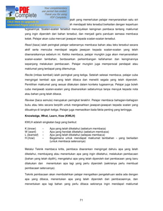 Question (soal atau tanya) ialah langkah yang memerlukan pelajar menyenaraikan satu siri
soalan mengenai teks tersebut setelah mendapati teks tersebut berkaitan dengan keperluan
tugasannya. Soalan-soalan tersebut menunjukkan keinginan pembaca tentang maklumat
yang ingin diperoleh dari bahan tersebut, dan menjadi garis panduan semasa membaca
kelak. Pelajar akan cuba mencari jawapan kepada soalan-soalan tersebut.

Read (baca) ialah peringkat pelajar sebenarnya membaca bahan atau teks tersebut secara
aktif serta mencuba mendapat segala jawapan kepada soalan-soalan yang telah
disenaraikannya sebelum ini. Ketika membaca, pelajar mungkin juga akan menyenaraikan
soalan-soalan tambahan, berdasarkan perkembangan kefahaman dan keinginannya
sepanjang melakukan pembacaan. Pelajar mungkin juga mempersoal pendapat atau
maklumat yang terdapat yang ditemuinya.

Recite (imbas kembali) ialah peringkat yang ketiga. Setelah selesai membaca, pelajar cuba
mengingat kembali apa yang telah dibaca dan meneliti segala yang telah diperoleh.
Pemilihan maklumat yang sesuai dilakukan dalam konteks tugasannya. Pelajar juga boleh
cuba menjawab soalan-soalan yang disenaraikan sebelumnya tanpa merujuk kepada nota
atau bahan yang telah dibaca.

Review (baca semula) merupakan peringkat terakhir. Pelajar membaca bahagian-bahagian
buku atau teks secara berpilih untuk mengesahkan jawapan-jawapan kepada soalan yang
dibuatnya di langkah ketiga. Pelajar juga memastikan tiada fakta penting yang tertingga.

Knowledge, What, Learn, How (KWLH)

KWLH adalah singkatan bagi yang berikut:

K (know)      -     Apa yang telah diketahui (sebelum membaca)
W (want)      -     Apa yang hendak diketahui (sebelum membaca)
L (learned)   -     Apa yang telah diketahui (selepas membaca)
H (how)       -     Bagaimana untuk mendapat maklumat tambahan - yang berkaitan
                    (untuk membaca seterusnya)

Melalui Teknik membaca kritis, pembaca disarankan mengingat dahulu apa yang telah
diketahui, membayang atau menentukan apa yang ingin diketahui, melakukan pembacaan
(bahan yang telah dipilih), mengetahui apa yang telah diperoleh dari pembacaan yang baru
dilakukan dan     menentukan apa lagi yang perlu diperoleh (sekiranya perlu membuat
pembacaan seterusnya).

Teknik pembacaan akan membolehkan pelajar mengaitkan pengetahuan sedia ada dengan
apa yang dibaca, menentukan apa yang telah diperoleh dari pembacaannya, dan
menentukan apa lagi bahan yang perlu dibaca sekiranya ingin mendapat maklumat




                                             71
 