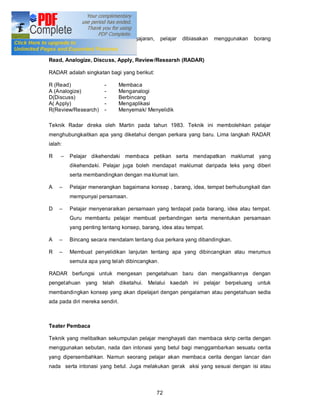 tambahan.    Dalam   konteks      pengajaran,    pelajar   dibiasakan   menggunakan   borang
menggunakan teknik KWLH.

Read, Analogize, Discuss, Apply, Review /Researsh (RADAR)

RADAR adalah singkatan bagi yang berikut:

R (Read)               -        Membaca
A (Analogize)          -        Menganalogi
D(Discuss)             -        Berbincang
A( Apply)              -        Mengaplikasi
R(Review/Research)     -        Menyemak/ Menyelidik

Teknik Radar direka oleh Martin pada tahun 1983. Teknik ini membolehkan pelajar
menghubungkaitkan apa yang diketahui dengan perkara yang baru. Lima langkah RADAR
ialah:

R        Pelajar dikehendaki membaca petikan serta mendapatkan maklumat yang
         dikehendaki. Pelajar juga boleh mendapat maklumat daripada teks yang diberi
         serta membandingkan dengan ma klumat lain.

A        Pelajar menerangkan bagaimana konsep , barang, idea, tempat berhubungkait dan
         mempunyai persamaan.

D        Pelajar menyenaraikan persamaan yang terdapat pada barang, idea atau tempat.
         Guru membantu pelajar membuat perbandingan serta menentukan persamaan
         yang penting tentang konsep, barang, idea atau tempat.

A        Bincang secara mendalam tentang dua perkara yang dibandingkan.

R        Membuat penyelidikan lanjutan tentang apa yang dibincangkan atau merumus
         semula apa yang telah dibincangkan.

RADAR berfungsi untuk mengesan pengetahuan baru dan mengaitkannya dengan
pengetahuan yang telah diketahui. Melalui kaedah ini pelajar berpeluang                untuk
membandingkan konsep yang akan dipelajari dengan pengalaman atau pengetahuan sedia
ada pada diri mereka sendiri.



Teater Pembaca

Teknik yang melibatkan sekumpulan pelajar menghayati dan membaca skrip cerita dengan
menggunakan sebutan, nada dan intonasi yang betul bagi menggambarkan sesuatu cerita
yang dipersembahkan. Namun seorang pelajar akan membaca cerita dengan lancar dan
nada serta intonasi yang betul. Juga melakukan gerak aksi yang sesuai dengan isi atau



                                                72
 
