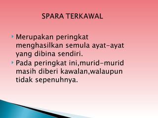  Merupakan peringkat
  menghasilkan semula ayat-ayat
  yang dibina sendiri.
 Pada peringkat ini,murid-murid
  masih diberi kawalan,walaupun
  tidak sepenuhnya.
 