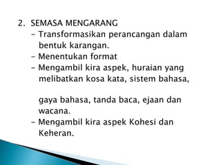 2. SEMASA MENGARANG
   - Transformasikan perancangan dalam
     bentuk karangan.
   - Menentukan format
   - Mengambil kira aspek, huraian yang
     melibatkan kosa kata, sistem bahasa,

     gaya bahasa, tanda baca, ejaan dan
     wacana.
   - Mengambil kira aspek Kohesi dan
     Keheran.
 