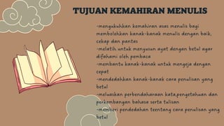 TUJUAN KEMAHIRAN MENULIS
-mengukuhkan kemahiran asas menulis bagi
membolehkan kanak-kanak menulis dengan baik,
cekap dan pantas
-melatih untuk menyusun ayat dengan betul agar
difahami oleh pembaca
-membantu kanak-kanak untuk mengeja dengan
cepat
-mendedahkan kanak-kanak cara penulisan yang
betul
-meluaskan perbendaharaan kata,pengetahuan dan
perkembangan bahasa serta tulisan
-memberi pendedahan teentang cara penulisan yang
betul
 