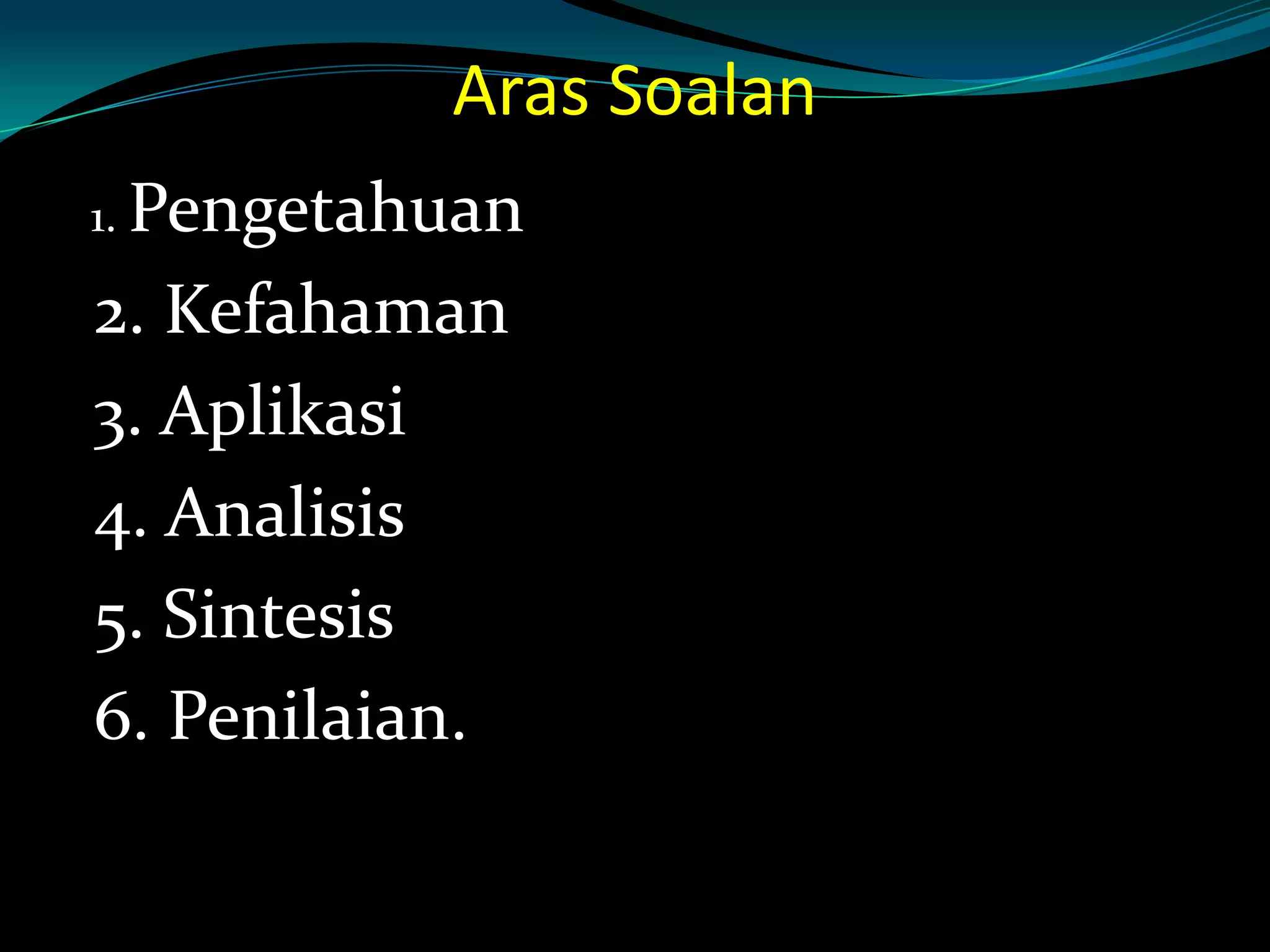 Aras Soalan
11. Pengetahuan
2. Kefahaman
3. Aplikasi
4. Analisis
5. Sintesis
6. Penilaian.
 