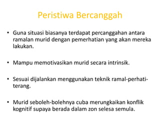 Peristiwa Bercanggah
• Guna situasi biasanya terdapat percanggahan antara
  ramalan murid dengan pemerhatian yang akan mereka
  lakukan.

• Mampu memotivasikan murid secara intrinsik.

• Sesuai dijalankan menggunakan teknik ramal-perhati-
  terang.

• Murid seboleh-bolehnya cuba merungkaikan konflik
  kognitif supaya berada dalam zon selesa semula.
 