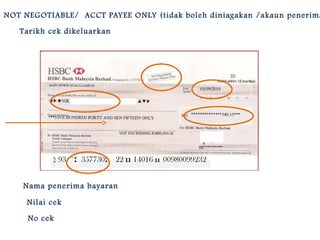 NOT NEGOTIABLE/ ACCT PAYEE ONLY (tidak boleh diniagakan /akaun penerima

   T arikh cek dikeluarkan




              ¦: 93 ˝: 357730:   22 ıı 14016 ıı 00980099232


    Nama penerima bayaran

     Nilai cek

     No cek
 