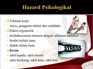 Tekanan kerja 
• stress, gangguan sekitar dan salahlaku 
Faktor ergonomik 
• ketidaksesuaian manusia dengan sekitaran kerjanya 
• berdiri terlalu lama 
• duduk terlalu lama 
Kesan 
• sakit kepala, sakit mental 
• sakit belakang, sakit lutut, sakit kaki 
 