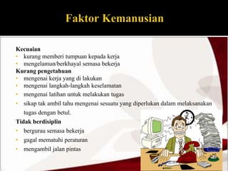Kecuaian 
• kurang memberi tumpuan kepada kerja 
• mengelamun/berkhayal semasa bekerja 
Kurang pengetahuan 
• mengenai kerja yang di lakukan 
• mengenai langkah-langkah keselamatan 
• mengenai latihan untuk melakukan tugas 
• sikap tak ambil tahu mengenai sesuatu yang diperlukan dalam melaksanakan 
tugas dengan betul. 
Tidak berdisiplin 
• bergurau semasa bekerja 
• gagal mematuhi peraturan 
• mengambil jalan pintas 
 