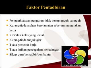  Penguatkuasaan peraturan tidak bersunggguh-sungguh 
 Kurang/tiada arahan keselamatan sebelum memulakan 
kerja 
 Kawalan kelas yang lemah 
 Kurang/tiada tunjuk ajar 
 Tiada prosedur kerja 
 Tiada latihan pencegahan kemalangan 
 Sikap guru/pentadbir/pembantu 
 